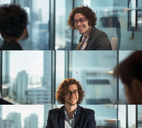 商务人展示动态,从微笑到专注的互动 商务人展示动态,从微笑到专注的互动